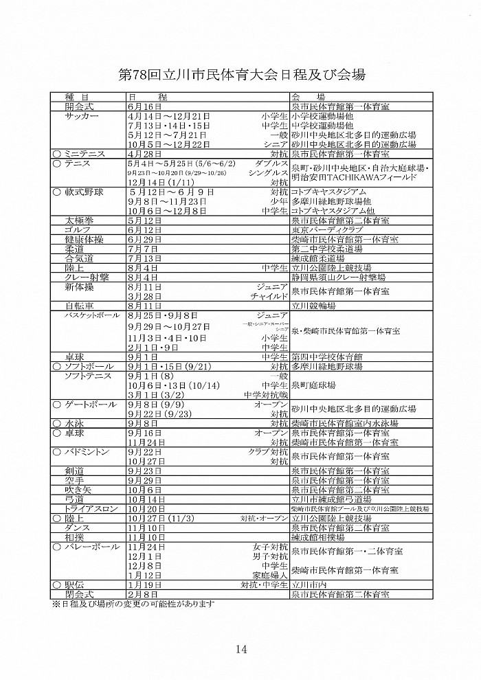 第78回市民体育大会日程及び会場