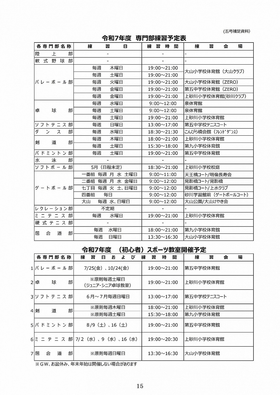 令和7年度専門部練習日程